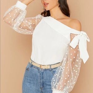 White mesh dot sleeve blouse